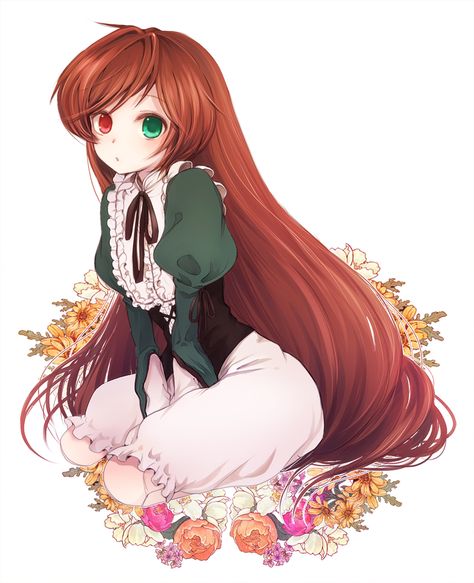 anime heterochromia / odd eyes red green (Suiseiseki rozen maiden) Heterochromia Eyes, Brown Hair Green Eyes, Rozen Maiden, Flame Princess, Short Hairdos, Hot Hair Styles, Dress Hairstyles, Very Long Hair, Green Hair