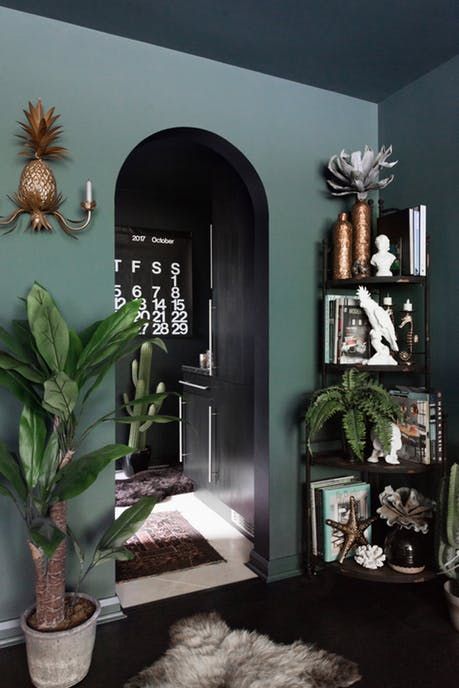 London House Tour: A Dark-Walled UK Maximalist Home | Apartment Therapy Light Dark Contrast Interior Design, Jade Green Home Decor, Dark Eclectic Bedroom, Moody Maximalist, Graffiti Furniture, Dark Green Living Room, Living Room Wall Designs, Dark Green Walls, Dark Living Rooms