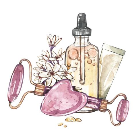 Massager roller gua sha, oil skin care, flowers isolated on white. Watercolor hand drawing illustration. Art for design stock photos Skin Care Bottle Design, Skin Care Logo Design Ideas, Massage Drawing, Skin Care Drawing, Gua Sha Oil, Oil Illustration, Massage Art, Skin Care Pictures, Skincare Brush