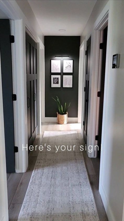 Facebook Dark Wall End Of Hallway, How To Make A Short Hallway Look Longer, Painting A Hallway, Hallway With Bedroom Doors, Black Hallway Decor, Entry Way Renovation, Painting A Hallway Ideas, Painted Hallway Doors Interior, Behind Front Door Decor Entryway