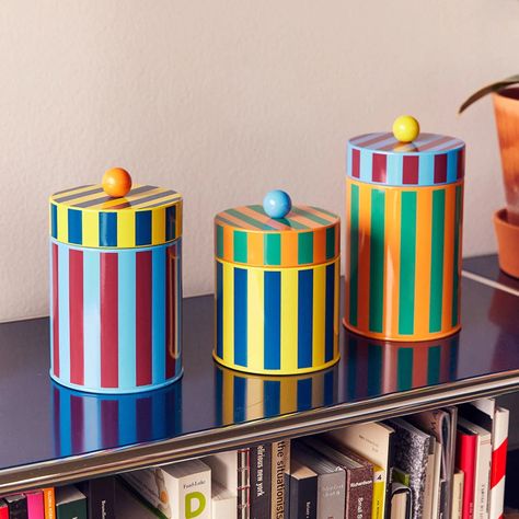 Whimsical and fun, this canister is perfect to hold all of your dry spices, sugar, or flour. Available in small and medium, these cannister adds pops of color to your kitchen. Shop more sizes to complete the set. Fun Kitchen Accessories, Pops Of Color Decor, Cute Kitchen Storage, Colorful Kitchen Accessories, Dry Spices, Funky Kitchen, Flour Canister, Dusen Dusen, Fun Kitchen