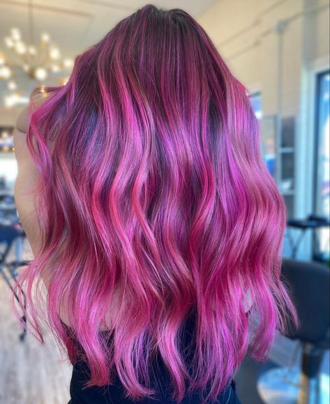 Pink Dimensional Hair, Hot Pink Balayage, Pink Balayage Brunette, Hot Pink Hair Color, Pink Balayage, Pink Hair Color, Pink Ombre Hair, Pink Blonde Hair, Hot Pink Hair