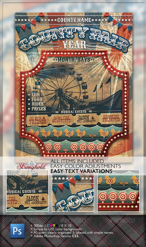 Vintage County Fair Carnival Flyer - GREAT template for carnival party invite.  $6 Vintage County Fair, Carnival Flyer, Fair Carnival, Brochure Print, Country Fair, Fun Fair, Event Flyer Templates, Postcard Template, Vintage Carnival