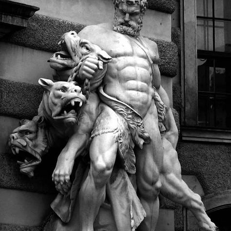 Wanting to get rid of Heracles once and for all, Eurestheus decided to send him on the most difficult labor. He ordered Heracles to go to the underworld and bring back Cerberus alive. Cerberus was a huge dog with three heads that was guarding the gates of Hades. * Heracles found an abyss that was leading to the underworld. There he was able to explain to Hades that he had to take Cerberus to his king Eurestheus. Hercules And Cerberus, Kunst Tattoos, Statue Tattoo, Ancient Greek Sculpture, Anatomy Sculpture, Istoria Artei, Greek Mythology Tattoos, Roman Statue, Classic Sculpture