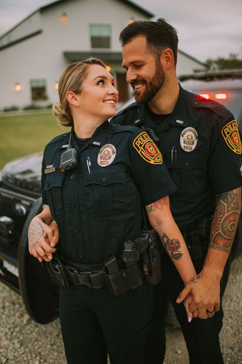 Law Enforcement Couples Photos, Police Portrait Photography, Blue Collar Couple Photos, Police Officer Photo Shoot, Police Family Pictures, Police Couple Photography, Police Engagement Photos, Police Couple, Police Family