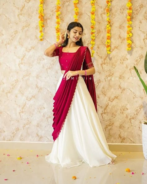 New Model Salwar Design, Half Saree For Marriage Function, Half Saree Designs Onam, Onam Simple Outfit, Saree On A Skirt, Onam Poses In Pattupavada, Half Saree Designs For Onam, Half Saree Wearing Styles, Onam Half Saree Outfits Ideas