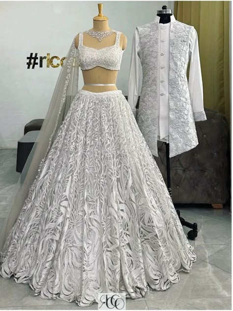 Couple Reception Outfit, Lenga Design Latest, Panel Lehenga, Gowns Dresses Indian Receptions, Green Bridal Lehenga, Velvet Sherwani, Wedding Matching Outfits, Pink Bridal Lehenga, Baju Kahwin