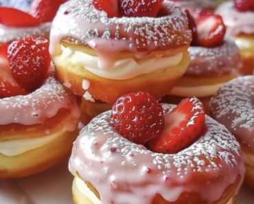 Strawberry Cheesecake Stuffed Donuts Recipe Easy Cooking Ideas, Easy Donut Recipe, Strawberry Donuts, Donuts Recipe, Filled Donuts, Cheesecake Filling, Homemade Donuts, Dessert Salads, Cream Cheese Filling