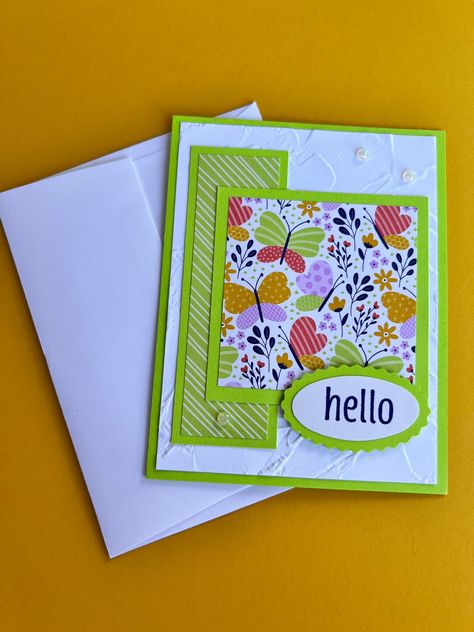 Inside:Blank Outside: Hello 4x6 greeting card with matching envelope  Pick your own sentiment for Inside or leave blank Stampin Up Hello Cards, Hello Cards Handmade, Hello Card Sentiments, Hello You Thinlits Cards, Scrappy Cards, Paper Crafts Card, Hello Cards, Scrapbook Templates, Friendship Cards