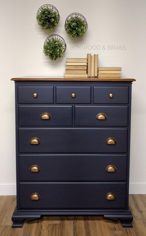 "Matching chest complete! Absolutely loved doing this set. Coastal Blue by General Finishes is easily one of my top colors. It goes on so smooth and in my opinion is the perfect navy!" - Boxwood & Brass Blue Painted Furniture, Blue Dresser, Painted Bedroom Furniture, General Finishes, Blue Furniture, Coastal Bedrooms, Diy Furniture Renovation, Furniture Rehab, Furniture Renovation