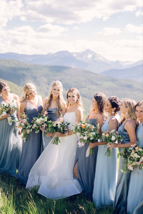 Mountain Wedding Party Colors, Summer Mountain Wedding Bridesmaid Dresses, Outdoor Summer Wedding Bridesmaid Dresses, Bridesmaid Dresses Mountain Wedding, Summer Mountain Wedding Dress, Summer Mountain Wedding Color Palette, Mountain Bridesmaid Dresses, Mountain Wedding Bridesmaid Dresses, Mountain Wedding Bridesmaids