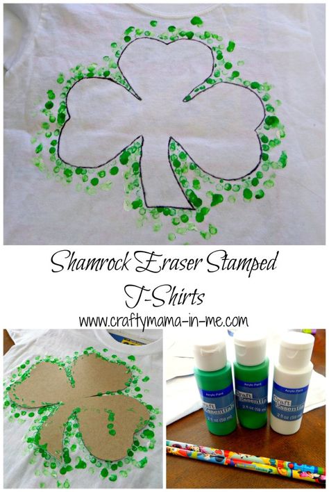 Shamrock Eraser Stamped T-shirts - Crafty Mama in ME! Diy St Patricks Day Shirt, Eraser Stamp, Hand Carved Rubber, Heart Cookie, Cute T Shirts, St Patrick's Day Crafts, Holiday Crafts For Kids, Crafty Mama, White Pencil