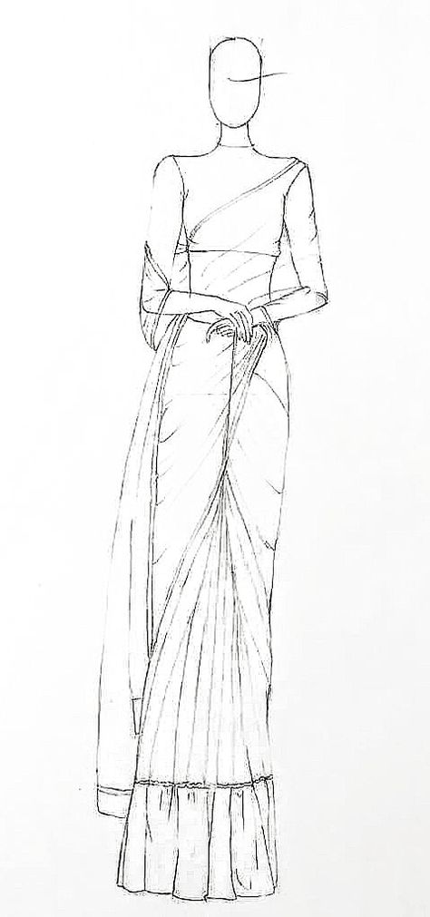 Saree Outline Sketch, How To Draw Saree Sketch, Figer Drawing Women, Saree Flat Sketch, Saree Illustration Fashion Sketch, Fashion Illustration Template Women, Saree Sketches Fashion Illustration, Saree Drawing Sketches, Saree Illustration Sketch