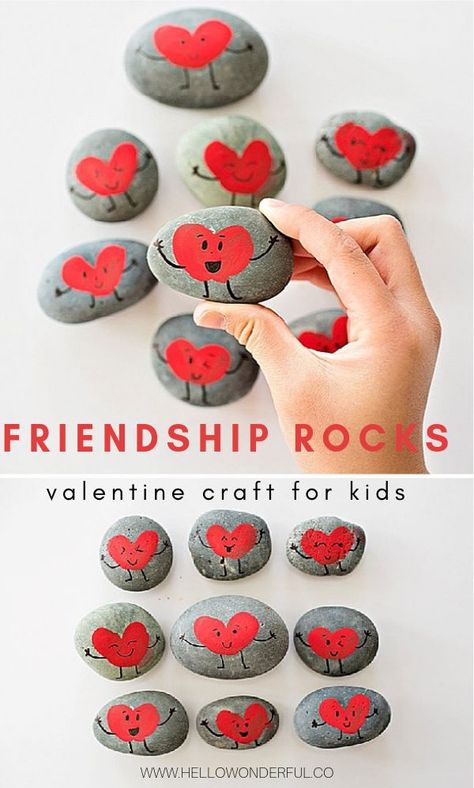 The cute fingerprint heart rocks make sweet friendship rocks kids can make for a fun Valentine's Day craft. #valentinecrafts #hellowonderful Friendship Rocks, Friendship Valentines, Valentines Day Crafts For Preschoolers, Valentines Ideas For Him, Toddler Valentine Crafts, Fingerprint Heart, Heart Rocks, Valentines Bricolage, Friend Valentine Gifts