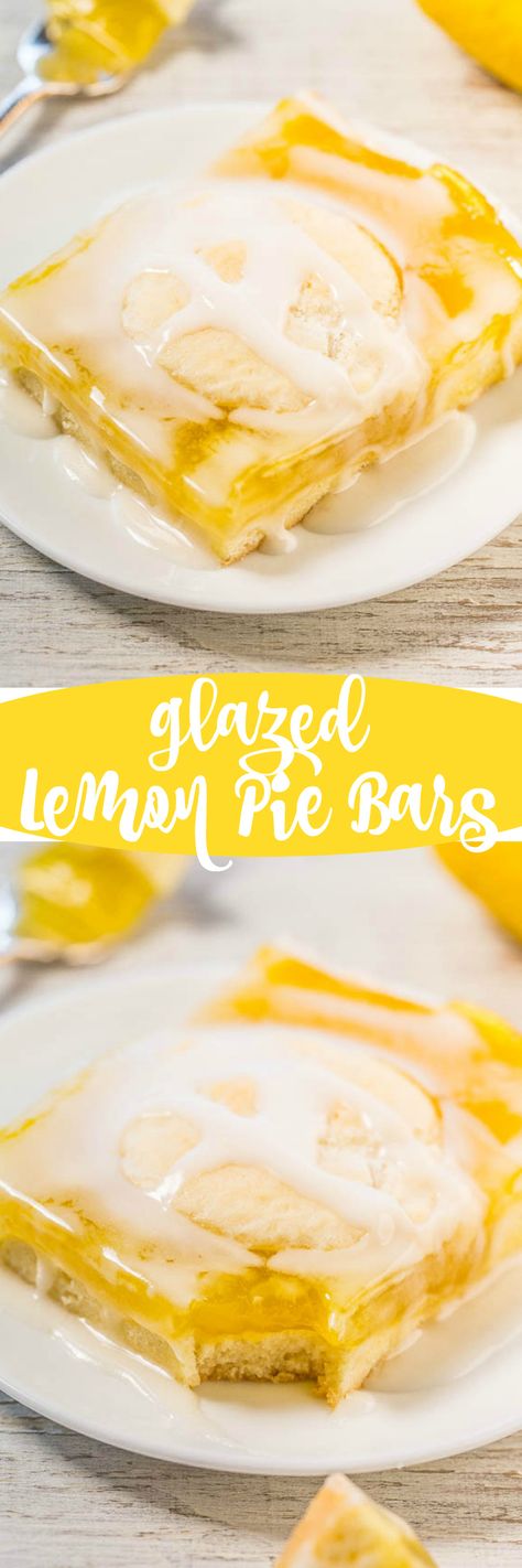 Glazed Lemon Pie Bars - Buttery soft crust with luscious lemon filling and a lemon glaze boosts the bold lemon flavor even more!! If you like lemon pie, you'll love these easy bars that are so much easier than making pie!! Lemon Pie Bars, Recipe Using Lemons, Cherry Pie Bars, Lemon Pie Filling, Pie Bar Recipes, Averie Cooks, Lemon Bread, Lemon Dessert, Lemon Dessert Recipes