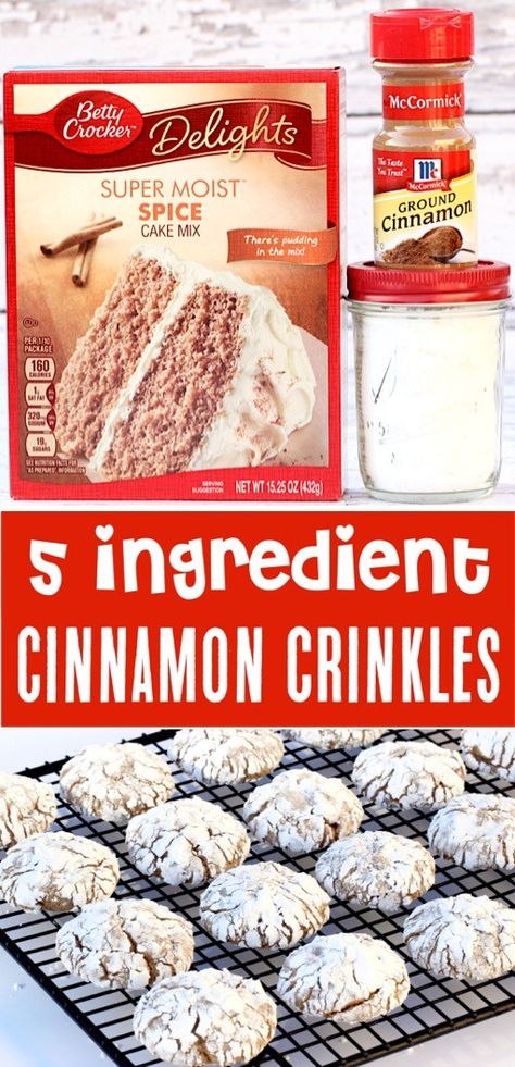 Cinnamon Crinkle Cookies Recipe! {5 Ingredient Spice Cookie} Cinnamon Crinkle Cookies, Fall Cookies Recipes, Spice Cake Mix Cookies, Fall Cookie Recipes, Crinkle Cookies Recipe, Cake Mix Cookie Recipes, Cinnamon Cake, Spice Cake Mix, Cookies N Cream Cookies