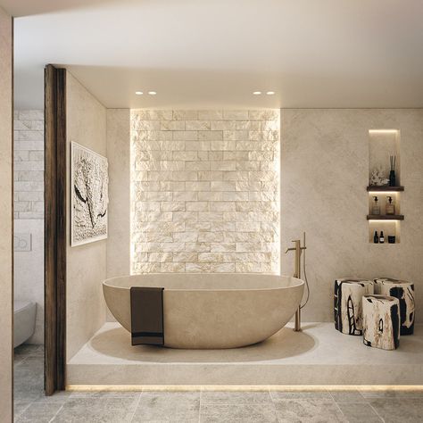 Bathroom Design Natural Stone, Stone Ensuite Bathroom, Travertine Spa Bathroom, Italian House Interior Tuscany, Marbella Interior Design, Luxurious Toilet Design, Modern Italian Bathroom, Contemporary Italian Interiors, Tub Wall Ideas