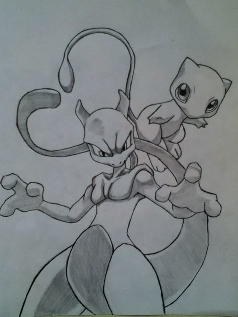 Mew and MewTwo  A bit shadowed :P Mew And Mewtwo Art, Pokemon Mewtwo Art, Pokemon Drawing Ideas, Mewtwo Sketch, Mewtwo Drawing, Mew Drawing, Pokemon Art Draw, Mewtwo Tattoo, Mew Tattoo