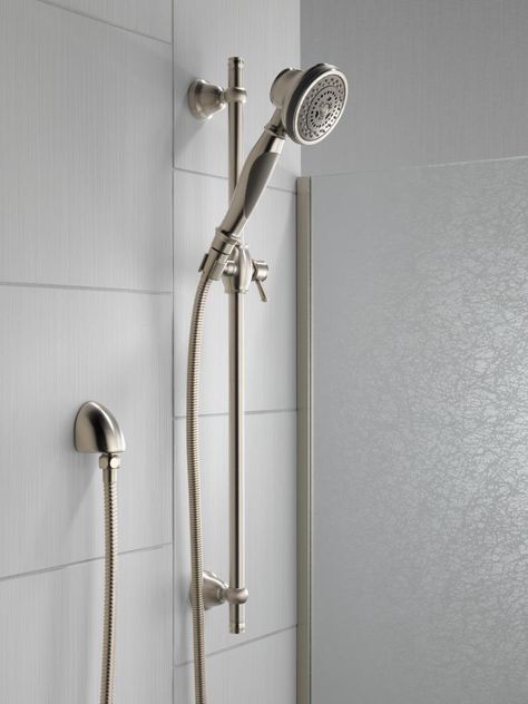 Experience a better shower with the control and flexibility of a Delta hand shower. Great for showering yourself or your loved ones and pets, as well as for keeping your shower and tub clean. Delta WaterSense labeled faucets, showers and toilets use at least 20% less water than the industry standard—saving you money without compromising performance. Delta Stainless 3-Spray Handheld Shower 1.75-GPM (6.6-LPM) | 57021-SS Shower Diverter, Dual Shower Heads, Shower Fixtures, Tub Cleaner, Hall Bathroom, Slide Bar, Delta Faucets, Bathroom Design Luxury, Handheld Shower Head