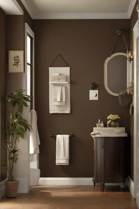 bathroom paint ideas,wall paint colors,interior wall paint,home paint ideas Bathroom Brown Walls, Brown Moody Bathroom, Dark Brown Bathroom Decor, Dark Brown Painted Walls, Brown Paint Bathroom Ideas, Brown Walls Bathroom, Brown Painted Bathroom, Dark Brown Exterior House, Painting Ideas For Bathroom Walls