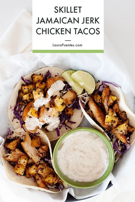 Skillet Jamaican Jerk chicken tacos with pineapple and a creamy sauce for an easy taco night recipe! #tacotuesday #chickentacos Jerk Chicken Tacos, Taco Night Recipes, Tacos With Pineapple, Easy Fish Tacos, Easy Taco Recipes, Jamaican Jerk Chicken, Jamaican Dishes, Chicken Taco Recipes, Meatless Main Dishes