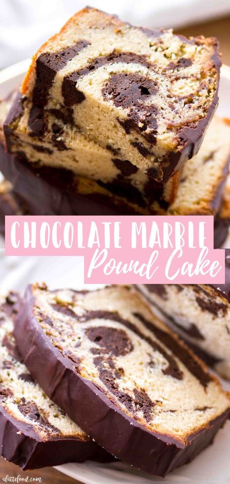 Homemade Vanilla Chocolate Marble Pound Cake with cream cheese (to make this pound cake moist) is topped with a simple chocolate ganache recipe (so much better than Starbucks!). Between the chocolate fudge pound cake swirl and the ganache, this rich pound cake recipe makes a stunning dessert for any party, brunch or holiday! #chocolate #poundcake #recipe #dessert Simple Chocolate Ganache, Pound Cake With Cream Cheese, Marble Pound Cake, Easy Chocolate Ganache, Vanilla Ganache, Peach Pound Cakes, Chocolate Ganache Recipe, Ganache Recipe, Pound Cake Recipe