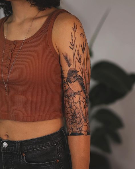 I’m in love with this design! Two days in a row, thank you Chelsea for coming from Montreal. #sleevetattoo #sleevedesign #birdtattoo | Instagram A Sleeve Tattoo, Artsy Tattoos, Inner Bicep Tattoo, Sleeve Tattoo Ideas, Western Tattoos, Half Sleeve Tattoos For Guys, Upper Arm Tattoos, Bicep Tattoo, Floral Tattoo Sleeve