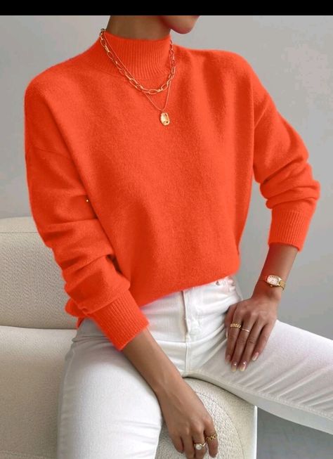 Casual Outerwear With High Neck And Ribbed Collar, Casual Outerwear With Ribbed High Neck, Casual High-neck Outerwear With Ribbed Collar, Casual High Neck Outerwear With Ribbed Collar, Casual Pink High Neck Sweater, Trendy Oversized Sweater With Ribbed Collar, Outfits Quotes, Pull Rose, Orange Sweater