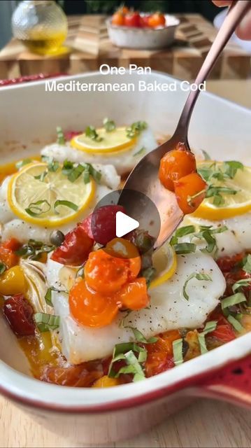 Mediterranean Diet Lifestyle💯💥 on Instagram: "One Pan Mediterranean Baked Cod

💁‍♀️ Type “”Yes”” If You Want to Get More Recipes From @mediterraneandietebook

👋 Follow @mediterraneandietebook To Get Daily Mediterranean Recipes

Ingredients:
- 1 pint cherry tomatoes, halved
- 1 small fennel bulb, stocks and fronds removed (sub 1 large shallot or 1/2 yellow onion)
- 3 garlic cloves, thinly sliced
- 1 Tbsp. capers
- 5 Tbsp. extra-virgin olive oil, divided
- 1 Tbsp. red wine vinegar
- 1 tsp. honey
- 1 tsp. kosher salt, divided
- Pinch of red chili flakes (optional)

Instructions:
- To a 4-quart baking dish, combine tomatoes, fennel, garlic, capers, 3 Tbsp. of the olive oil, vinegar, honey, 1/2 tsp. salt, and a pinch of chili flakes (optional); stir well to combine.
- Bake, Sea Bass Fillet Recipes, Mediterranean Baked Cod, Instagram Meals, Fennel Bulb, Cod Fish Recipes, Food Seafood, Mediterranean Diet Meal Plan, Mediterranean Diet Plan, Diet Lifestyle