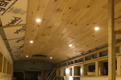 Skoolie Ceiling, Bus Lighting, Van Ceiling, Rv Restoration, Bus Remodel, Groove Ceiling, School Bus Tiny House, School Bus Camper, School Bus House