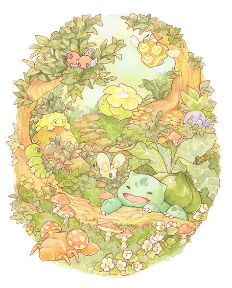 Pokemon Watercolor, Plant Pokemon, Grass Type Pokemon, Pokemon Painting, Get Out Of The House, Little Forest, Grass Type, Pokémon Art, Come See Me