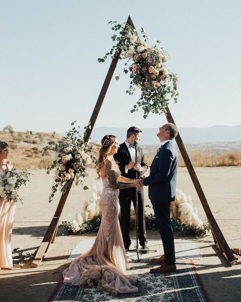 Boho Eucalyptus Triangle Wedding Arch with Roses   #wedding #weddingideas #weddingarches #weddingdecor #weddingdecoration #boho #bohoweddings Wedding Arches Outdoors, Ceremony Arch, Desert Wedding, Outdoor Wedding Ceremony, Wedding Guide, Wedding Frames, Ranch Wedding, Ceremony Decorations, Trendy Wedding