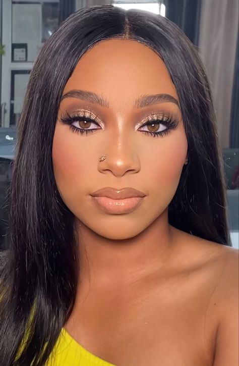 Silver Eye Makeup Dark Skin, Elegant Makeup Looks Classy Black Women, Silver And Brown Eye Makeup, Prom Glam Makeup Silver, Soft Silver Glam Makeup, Neutral Glam Makeup Black Women, Soft Silver Makeup, Brown Smokey Eye Makeup Black Women, Bridal Makeup For Black Women Wedding