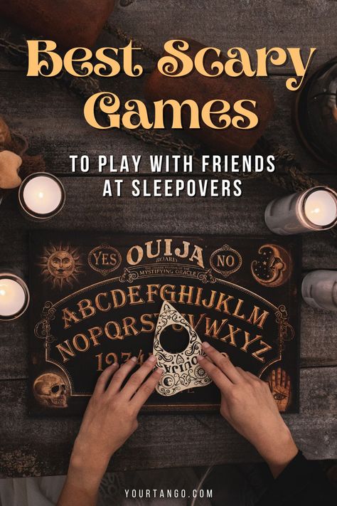 Best Scary Games To Play With Friends At Sleepovers | YourTango #halloween #horror Rituals To Do With Friends, Horror Movie Game Ideas, Teen Halloween Sleepover Ideas, Scary Games To Play In The Dark, Games To Play On Halloween, Creepy Games To Play At A Sleepover, Paranormal Games To Play With Friends, Halloween Sleepover Games, Horror Games To Play With Friends In Real Life