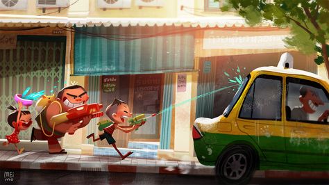 MY SUMMER on Behance Songkran Festival, Book Illustration Art, Creative Artwork, Environmental Design, Animation Background, Visual Development, Dreamy Art, Environment Concept Art, Environmental Art