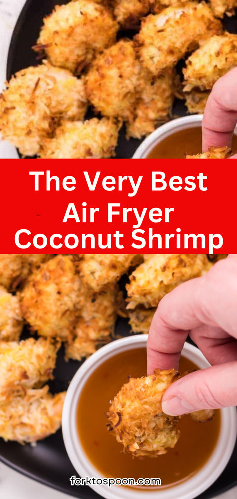 This air fryer coconut shrimp recipe is a simple and crispy appetizer featuring plump, juicy shrimp coated in crunchy panko and shredded coconut. Air Fry Coconut Shrimp, Coconut Panko Shrimp, Crispy Air Fryer Shrimp Recipes, Air Fryer Battered Shrimp, Coconut Shrimp Recipe Air Fryer, Panko Shrimp Air Fryer, Airfry Shrimp Recipes, Air Fryer Shrimp Recipes Easy, Air Fry Shrimp Recipes