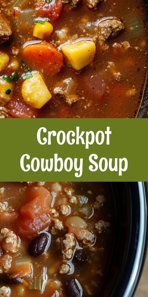 As the aroma of the Cowboy Soup filled the kitchen, my kids eagerly gathered around, their anticipation warming my heart. After a long week, sharing this hearty meal together with my partner reminded us of our cozy family traditions. Cowboy Soup Recipe Crock Pot, Dump Soups In A Crock Pot, Hobo Soup Recipes, Crock Pot Cowboy Soup, Cold Weather Recipes Crock Pot, Crockpot Cowboy Soup Recipes, Creamy Cowboy Soup, Cowgirl Soup, Cowboy Soup Recipe Beef