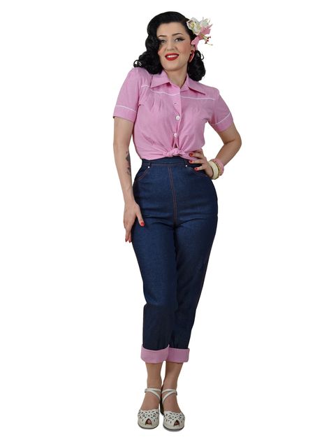 1950s Jeans Outfit For Women, 1950s Jeans, 1950s Outfits, Denim Jacket Outfit, Outfit For Women, Jacket Outfit, Pink Gingham, Jeans Outfit, 50s Fashion