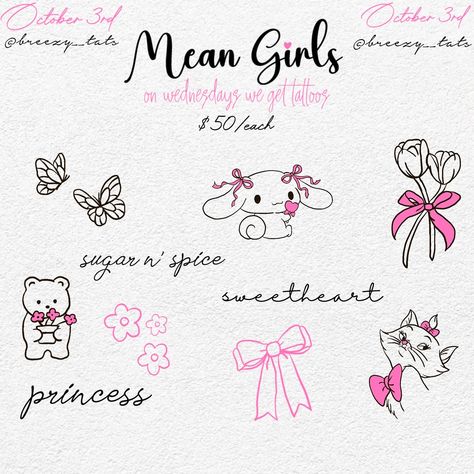 💖🎀 ON WEDNESDAYS, WE GET TATTOOS 🌸🌷 Come and get an iconic Mean Girls inspired tattoo with @breezy__tats ✨ OCT. 3RD ✨ $50 PINK TATTOOS ✨ ‼️🤍 Limited spots & designs available 💞 Don’t miss out your chance to be fetch 🎀🥂 Mean Girls Tattoo, Mean Girls October 3rd, Wednesday Tattoo, Pink Tattoo, Girls Tattoo, Mean Girls, Girl Tattoos, Tatting, 50 %