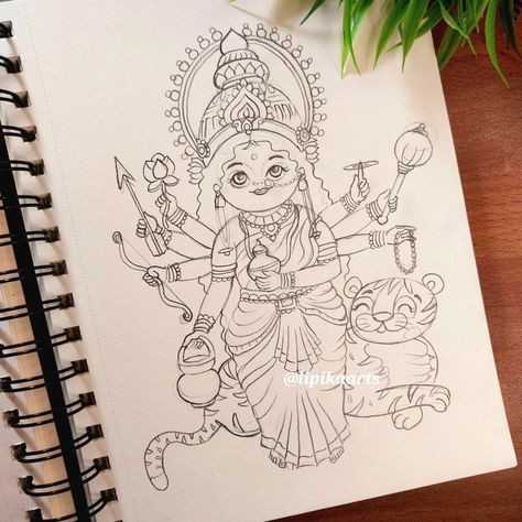 Maa Kushmanda Drawing, Durga Devi Pencil Sketch, Godess Drawings Pencil, Kushmanda Devi Drawing, Godess Durga Drawings, Durga Maa Aesthetic Drawing, Navdurga Illustration, Lord Durga Drawing, God Drawing Hindu Easy