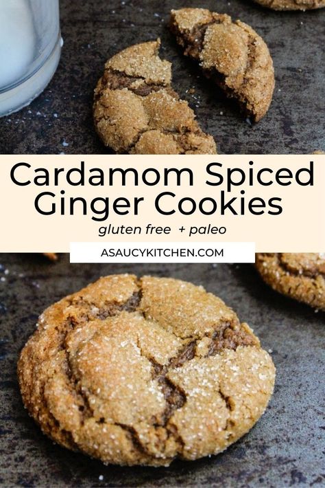 Paleo Cardamom Recipes, Cardamom Spiced Ginger Cookies, Cheesecake Stuffed Ginger Spiced Cookies, Recipes Using Candied Ginger, Ginger Cardamom Cookies, Gluten Free Cardamom Cookies, Cardamom Ginger Cookies, Ginger Baking Recipes, Cardamom Spice Cookies