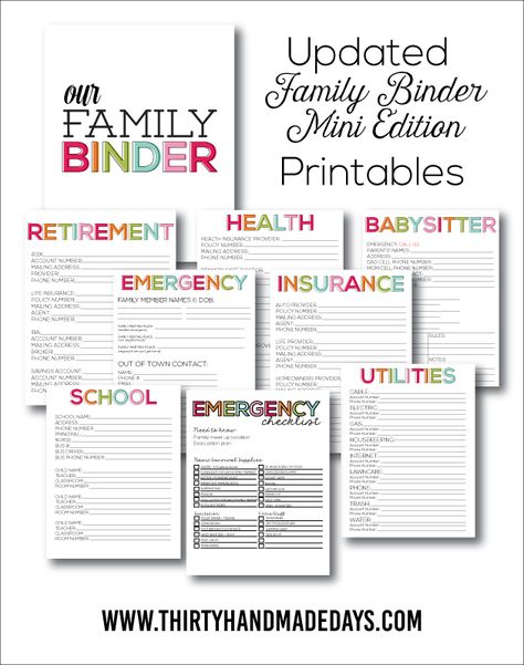 Updated Family Binder, Mini Edition - the perfect little mini binder to store everything in one spot! www.thirtyhandmadedays.com Family Binder Printables, Family Emergency Binder, Emergency Binder, Family Binder, Household Binder, Binder Printables, Home Binder, Life Binder, Family Emergency