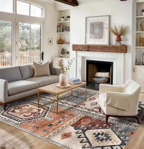 Bring a touch of bohemian flair to any space with our Hand Knotted Aztec Rug. This rug features bold geometric patterns inspired by traditional Aztec designs, making it a striking addition to your living room or entryway. Crafted with meticulous attention to detail, this boho area rug combines style and durability, making it perfect for high-traffic areas. Its vibrant patterns and colors enhance any Western or bohemian decor, offering a warm and inviting atmosphere. Ideal as a housewarming gift Spanish Style Living Room Ideas, Rugs In Living Room Boho, Colorful Area Rugs In Living Room, Southwest Modern Living Room, Boho Living Room Fireplace, Layering Rugs Living Room, Aztec Rug Living Room, Western Entryway, Aztec Rugs