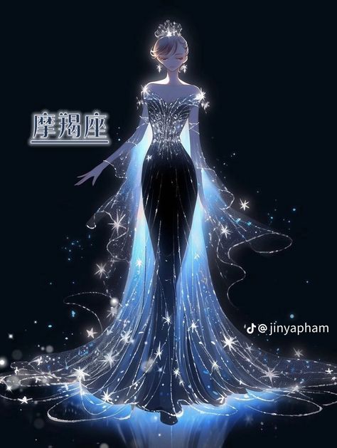 Fantasy Dress Drawing, Female Anime Characters, Celestial Dress, Cosplay Ideas Women, Vestidos Anime, Space Dress, Ethereal Dress, Clothing Design Sketches, Fantasy Dresses