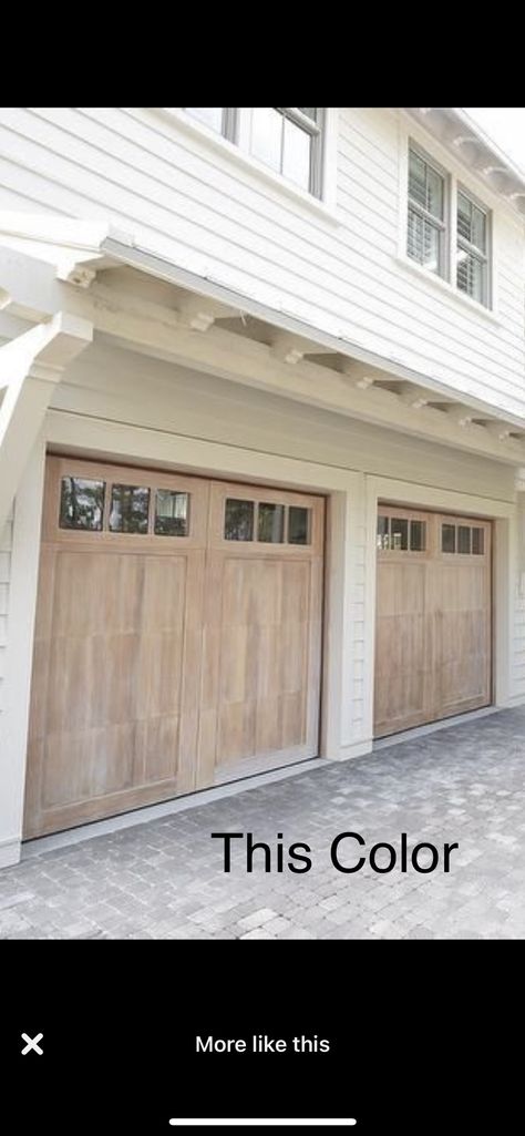 Garage Doors With Windows Curb Appeal, White House Brown Garage Door, Natural Wood Color Garage Door, White Garage Doors White House, Beach House Garage Doors, White Oak Front Door Exterior, Light Wood Garage Door, White And Brick House Exterior, White Oak Garage Door