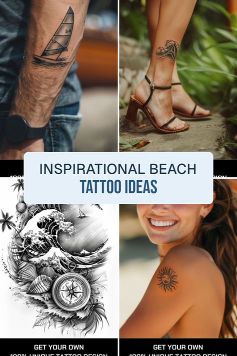 Transform your love for the ocean into beautiful body art with these amazing beach tattoo ideas. From adventurous surfer designs to serene wave motifs, find inspiration that captures the essence of sunlit shores and carefree holidays. Imagine celebrating your perfect beach vacation with authentic symbols like boats, shells, and compasses, creating unique, meaningful tattoos that tell your story. Dive into creative tattoo concepts that light up your love for the sea Ocean Wrist Tattoos For Women, Ocean Armband Tattoo, Beach Inspired Tattoos, Small Beach Tattoos, Beach Tattoo Ideas, Married Couple Tattoos, Starfish Tattoo, Boat Tattoo, Scene Tattoo