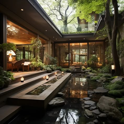 Scandinavian Spring, Japanese Style House, Casa Country, Seni Dan Kraf, Courtyard House, A Pond, Forest House, Dream House Exterior, Japanese House