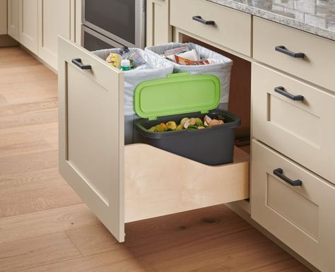 Pull-Out Waste Container and Compost Bin | Schuler Cabinetry at Lowes Kitchen Rubbish Bin, Kitchen Waste Bin, Kitchen Compost Bin, Garbage Recycling, Hidden Kitchen, Waste Container, Kitchen Waste, Kitchen Design Trends, Kitchen Bin