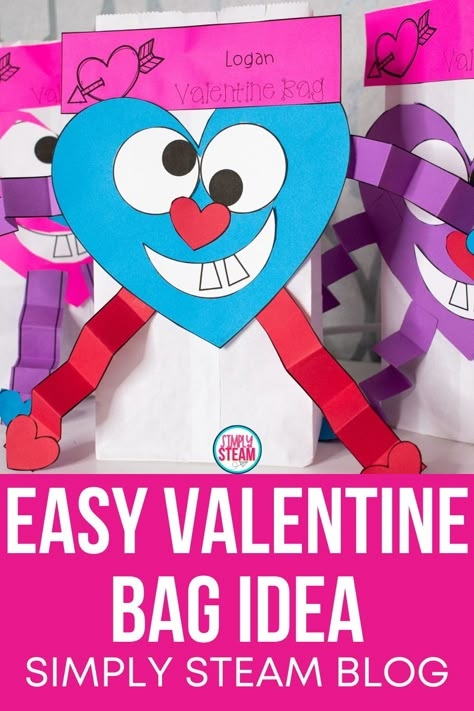 This is an easy Valentine bag idea for valentine's day. Students create a heart monster. I've included a template and editable labels and coupons. Tap the link to learn more from the blog. Classroom Valentine Bag Ideas, Valentine's Day Bag Craft, Valentines Day Bags For Kids To Make, Kids Valentines Bags For School, Valentines Bag Crafts For Kids, Valentine Bags For Kindergarten, Paper Bag Valentines Craft, Diy Valentine Bags For School, Valentine Bag Decorating Ideas Kids