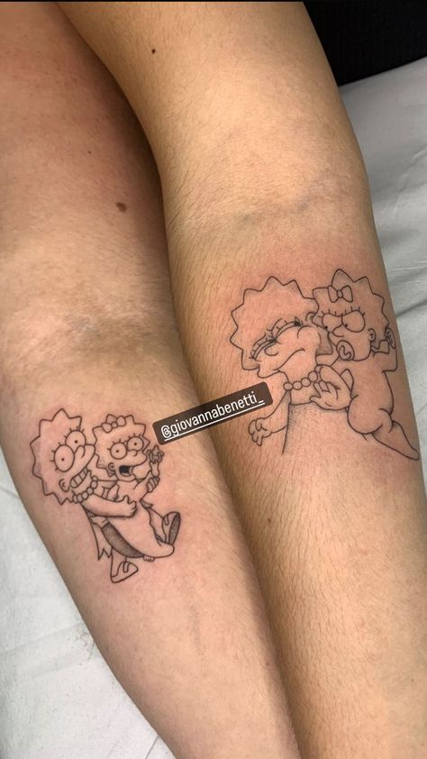 Simpson Sibling Tattoo For 3, Cute Tattoo Ideas For Sisters, Bart And Lisa Tattoo Brother And Sister, Sister Tattoos Disney, The Simpsons Tattoo Ideas, Maggie Simpson Tattoo, Cool Sister Tattoos, Tattoo Matching Sisters, Maggie Tattoo